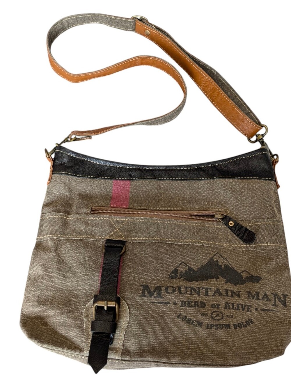 Myra Mountain Man Canvas Crossbody Bag in Olive with Brown Trim Western Casual
